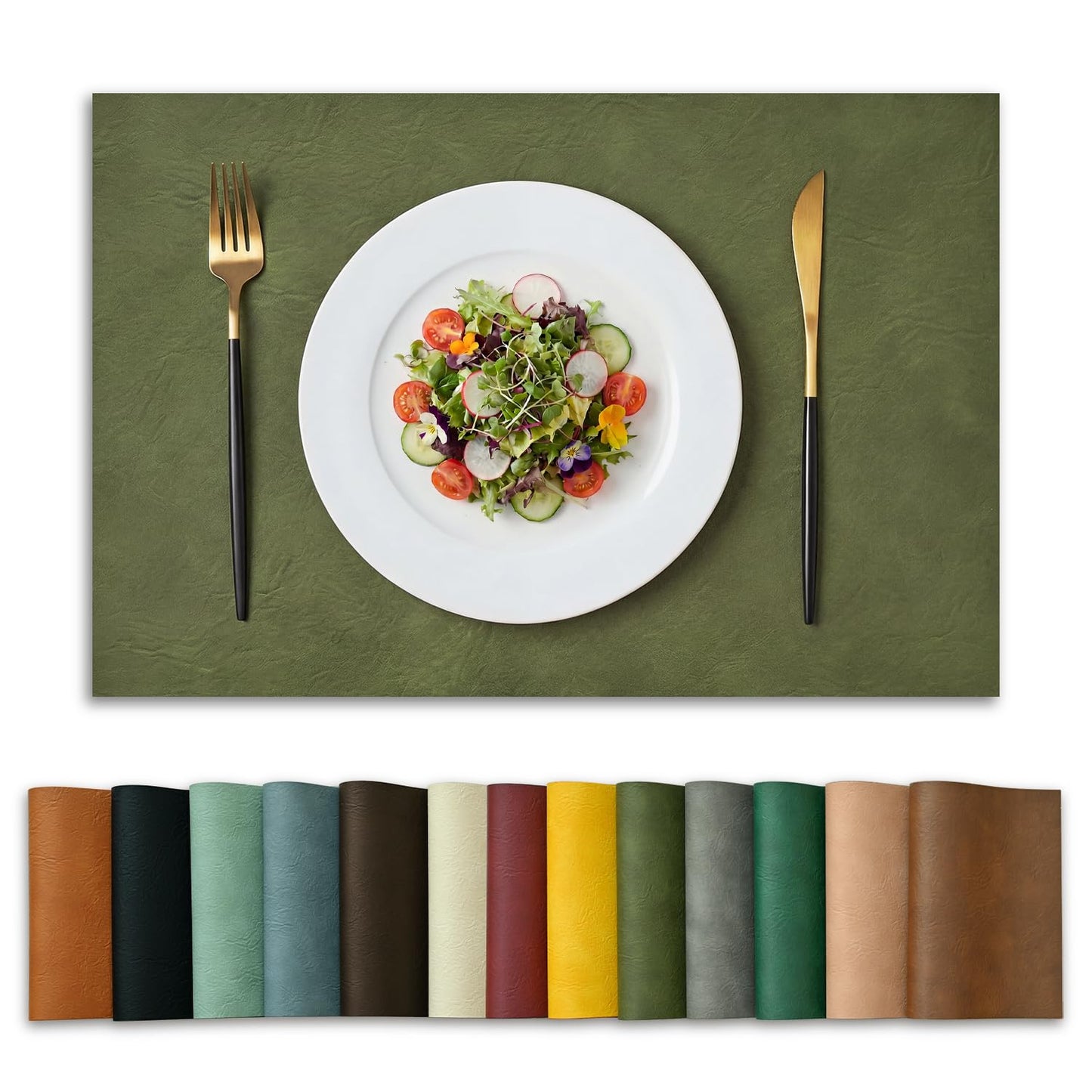Artoid Mode Olive Green Faux Leather Placemats Set of 6, 12x18 Inch Waterproof Wipeable Heat Resistant Vinyl Place Mats, Reversible Table Mats for Kitchen Dining Decor