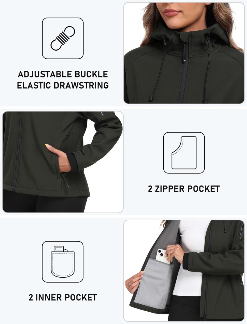 MoFiz Women's Fleece Lined Softshell Jacket Hooded Windproof Lightweight Insulated Jacket Full Zip Warm Coat Army Green M