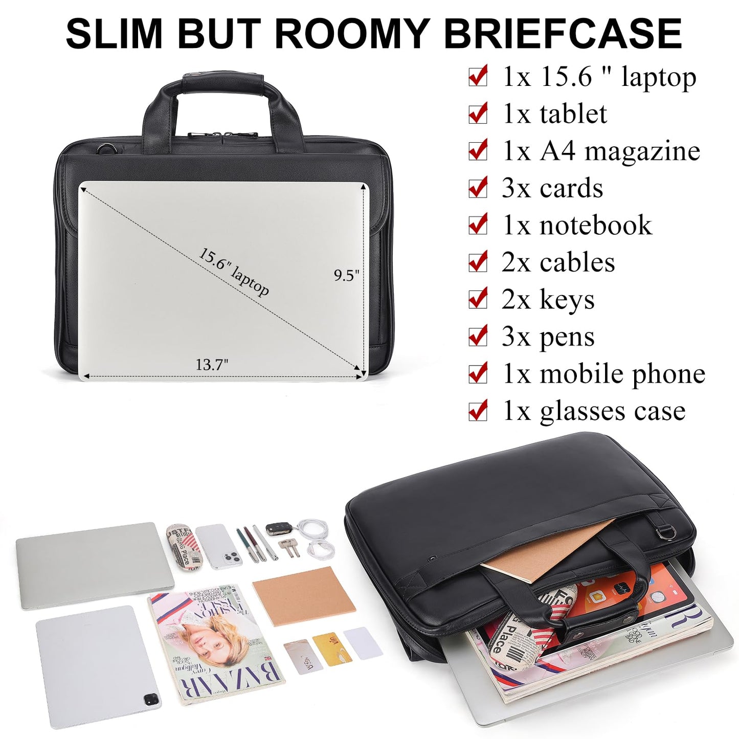 Masa Kawa Leather Briefcase for Men Slim 15.6" Laptop Bag Waterproof Crossbody Shoulder Messenger Computer Attache Case for Business Work, Black