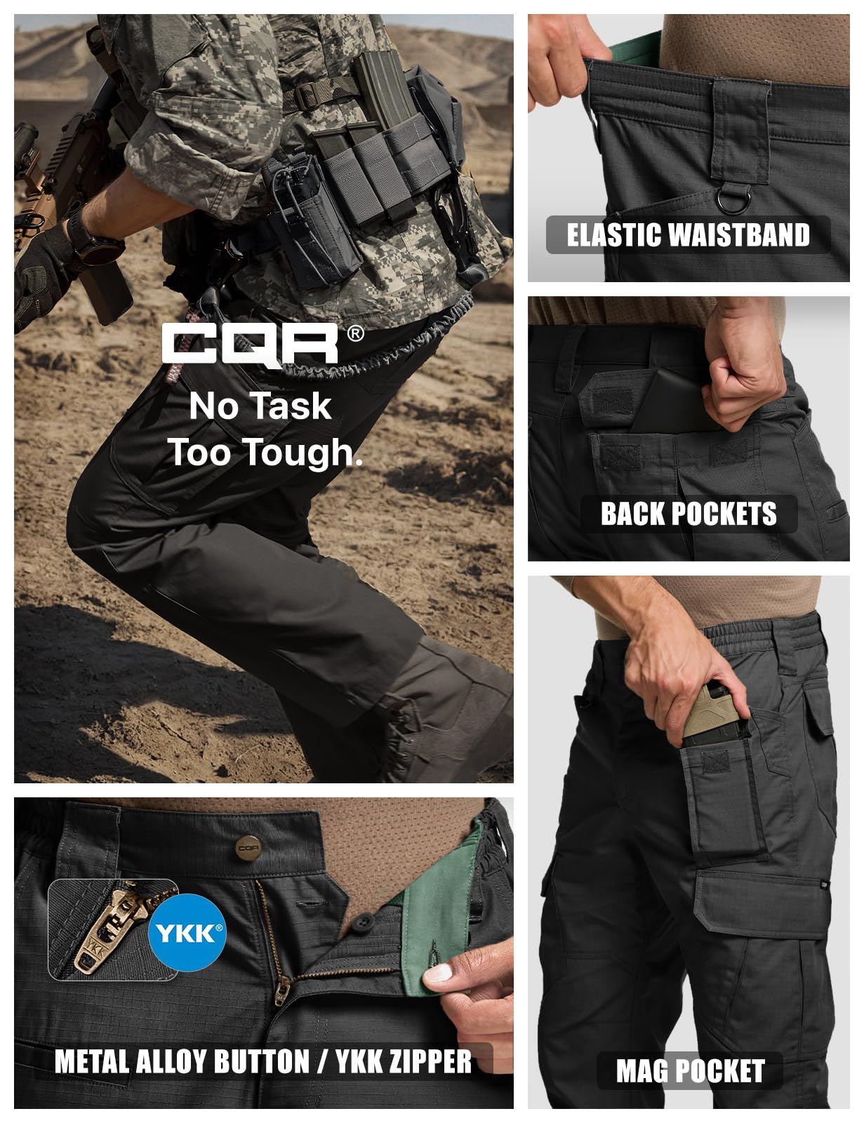 CQR Men's Tactical Pants, Water Resistant Ripstop Cargo Pants, Lightweight EDC Work Hiking Pants, Outdoor Apparel, Duratex Mag Pocket Black, 40W x 32L