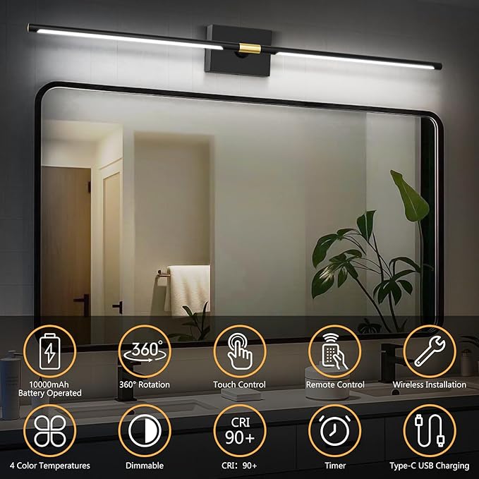 Battery Operated Wall Sconces Set of 2: 10000mAh Rechargeable Wall Sconce with Touch and Remote, 360° Rotate, 4CCT Dimmable Wireless Wall Light LED Wall Lamp for Living Room Bedroom Bathroom, Black
