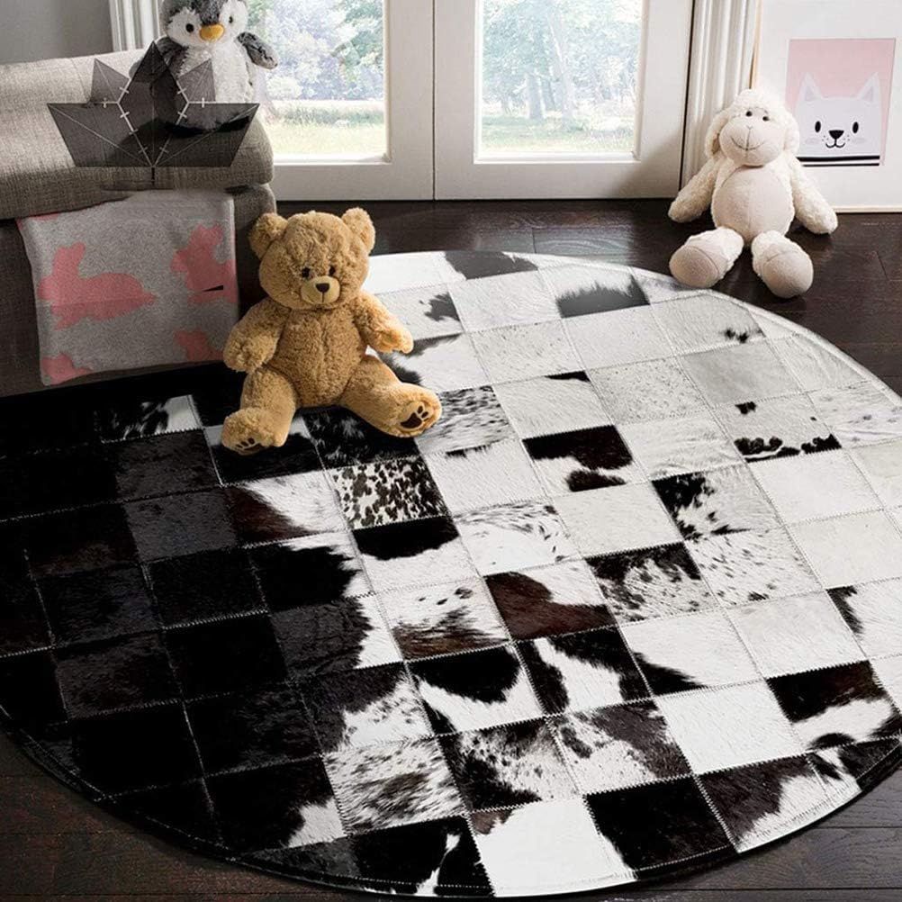 SN ALEFHOME Cowhide Round Leather Rug 4x4 ft – Genuine Hair-On Hide Patchwork Area Rug for Living Room, Bedroom, Kids Playroom, Lounge & Western Home Decor