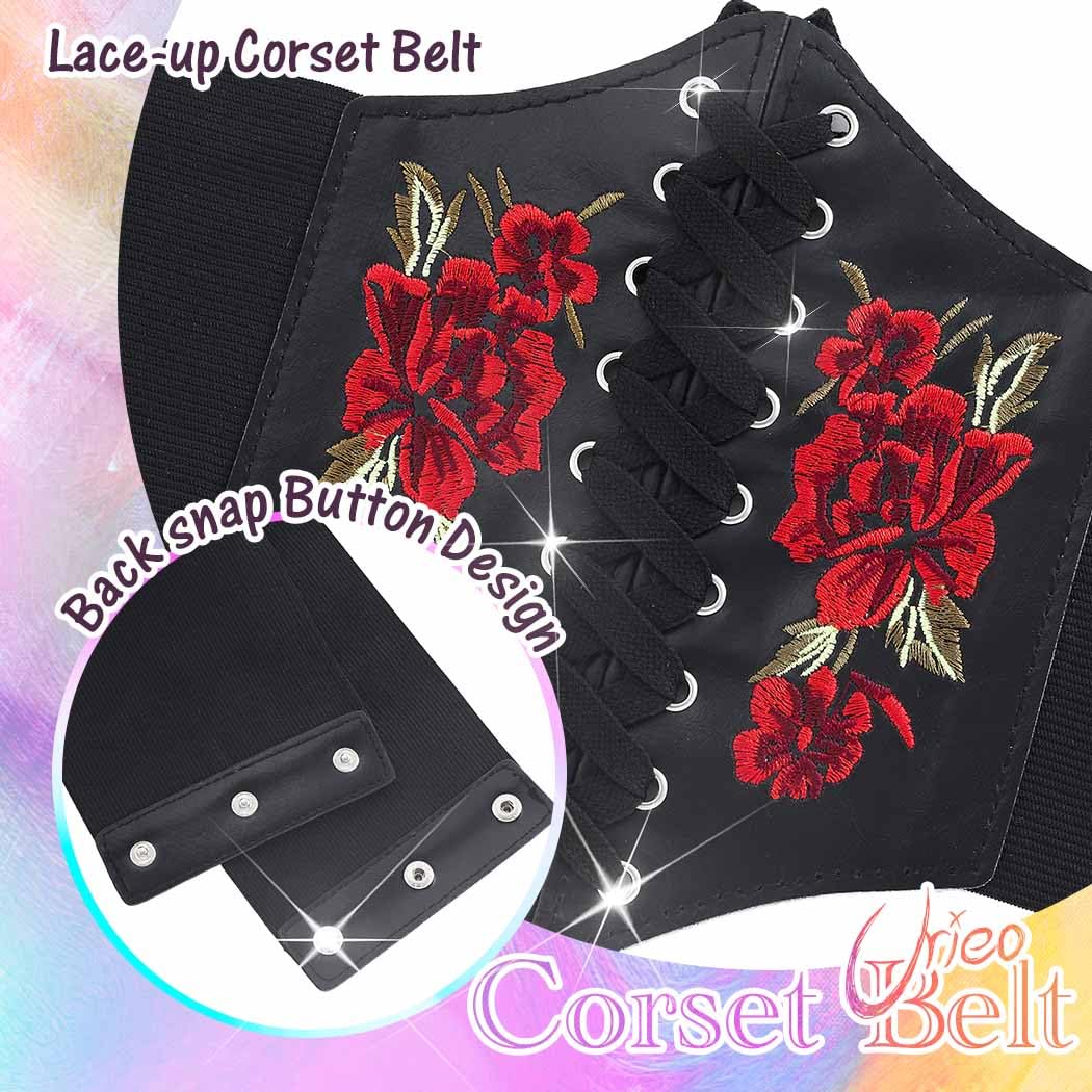 Urieo Embroidered Rose Corset Belt Black Lace-up Waist Cincher Belt Renaissance Underbust Halloween Dresses Wide Elastic Waspie Belts for Women