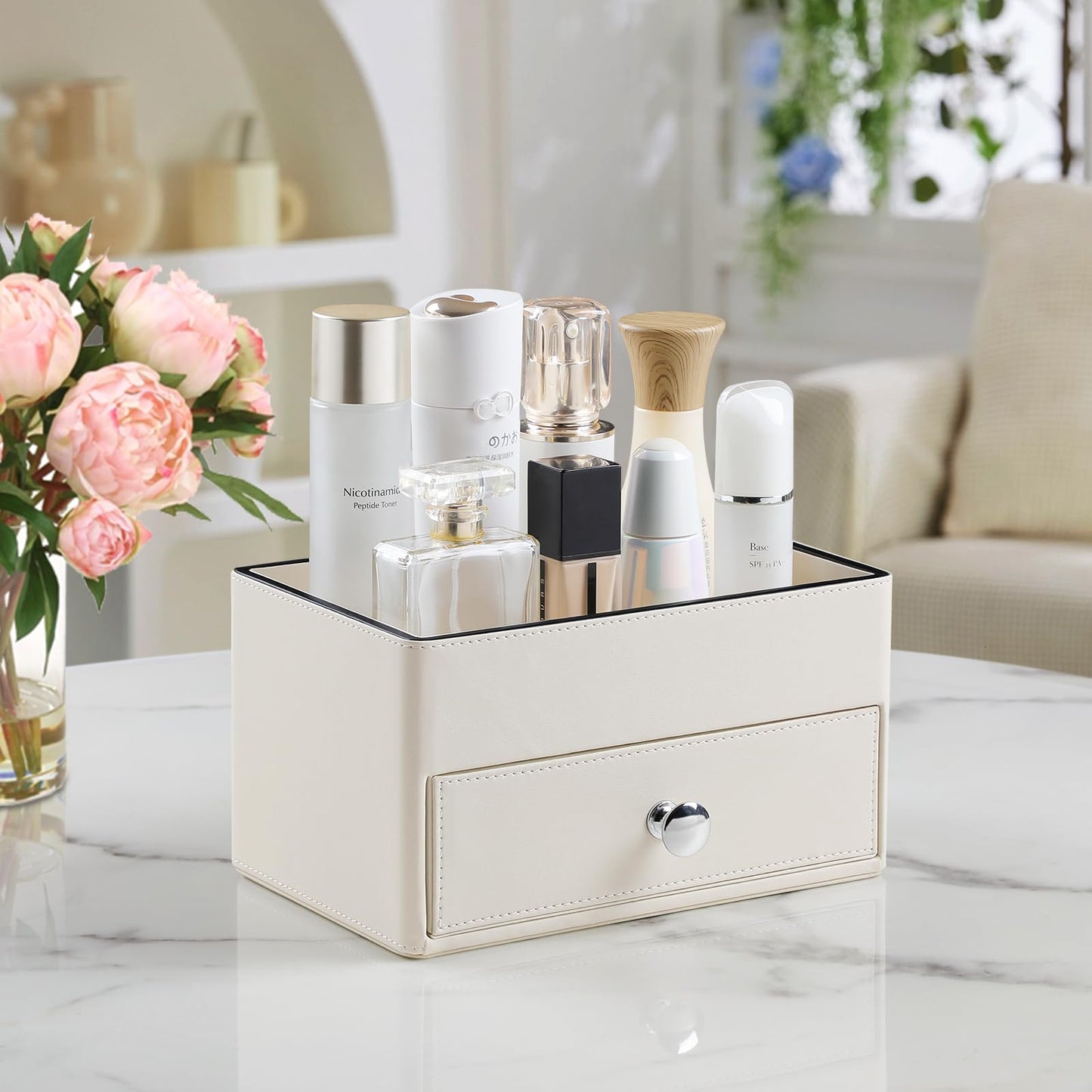 MEIBOOCH PU Leather Desk Organizer with Drawer, Multifunctional Nightstand Organizer, Waterproof Makeup Organizer for Vanity Bathroom Countertop Bedside Table (Beige)