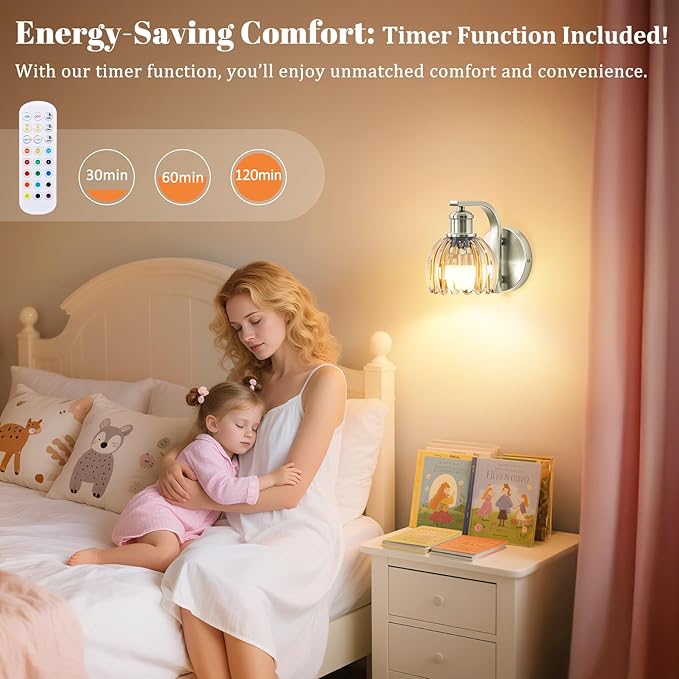Rechargeable Battery Operated Wall Sconce Set of Two with Amber Glass Lampshade, Wireless Wall Scone Decor with Remote Control, 15 Colors Brushed Nickle Wall Light for Bedside Hallway Bedroom Doorway