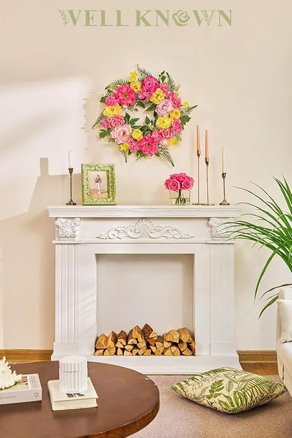 Wreaths for Front Door, WELL KNOWN Spring Summer Seasonal Hot Pink & Yellow Flowers Wreath for Front Door, Artificial Silk Peony Flower Wreath for Wall Hanging, Home Office Wedding Party Decor