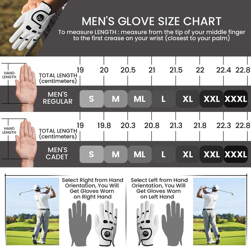 FINGER TEN Men’s Golf Gloves Left Hand Right with Ball Marker 2 Pack, Weathersof Grip Soft Comfortable, Fit Size Small Medium ML Large XL (Large, Worn on Left Hand)
