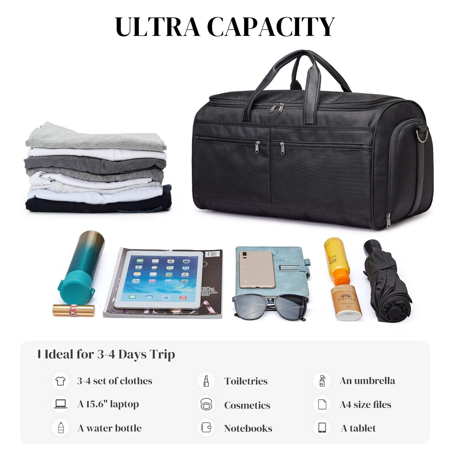 S-ZONE 50L Convertible Travel Garment Bag Carry on Garment Duffel Bag for Men Women 2 in 1 Hanging Suitcase Suit Business Travel Bag, Black