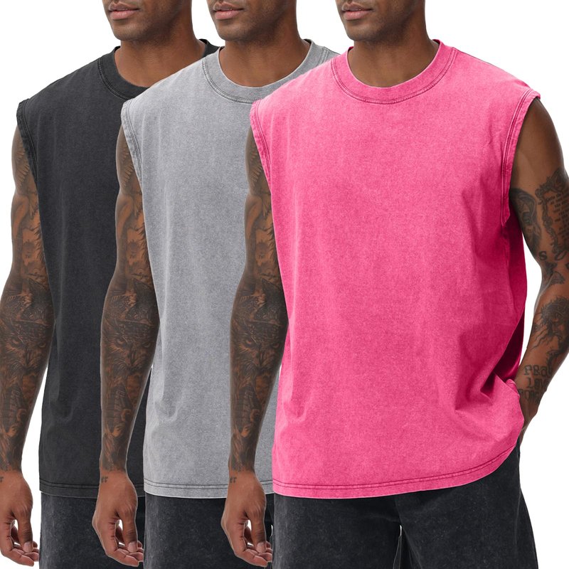 3 Pack Mens Workout Tank Tops Sleeveless Tee Shirts Men Muscle Shirt Gym Acid Wash T Shirts Running Beach Loose Fit Tee(PKGYBK,2XL)