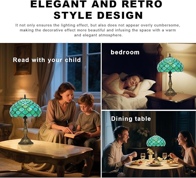 Stained Glass Tiffany Table Lamp, 12 Inch Bedside Reading Light for Bedroom, Living Room, Home Office(Sea Blue Pearl Style)
