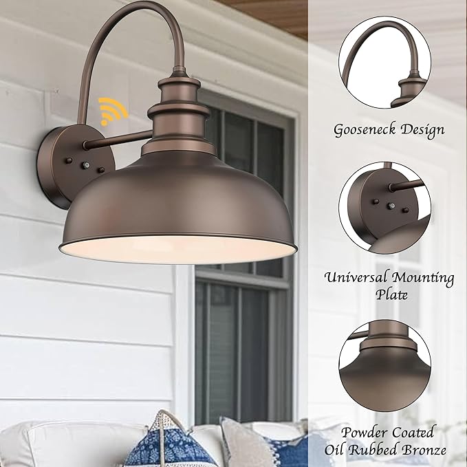 Bestshared Dusk to Dawn Gooseneck Barn Lights 16 Inch Dome Anti-Rust Farmhouse Outdoor Wall Sconce Outside Wall Mount Lighting Fixture Front Door Lantern Lamp for Patio(ORB+White,16” Dome-2Pack)