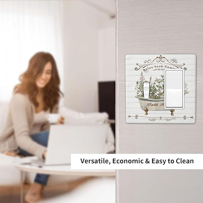 Rustic Farmhouse Wooden Board Botanical Flower 2 Gang Combination Light Switch Cover Decorative Toggle Rocker/Decora Wall Plate Electrical Faceplate for Bathroom Kitchen Home Decor
