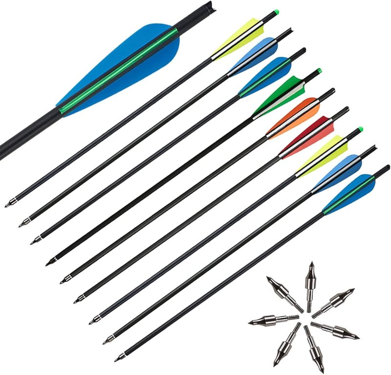 12-Pack Carbon Crossbow Bolts - 20 Inch Hunting Arrows with Removable Tips for Archery