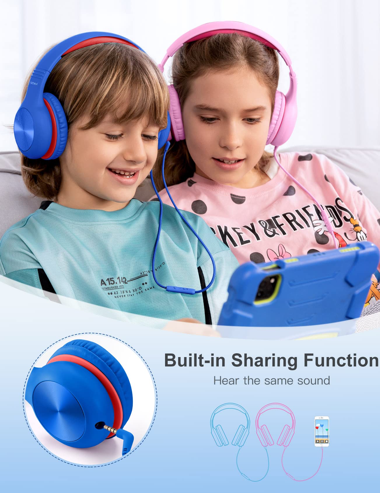 Nabevi Headphones for Kids for School, Kids Headphones with Microphone, Sharing Function, 85dB/94dB Safe Volume Limit, Over Ear Kid Headphone for School, On-line Study, Travel, Glaze Blue