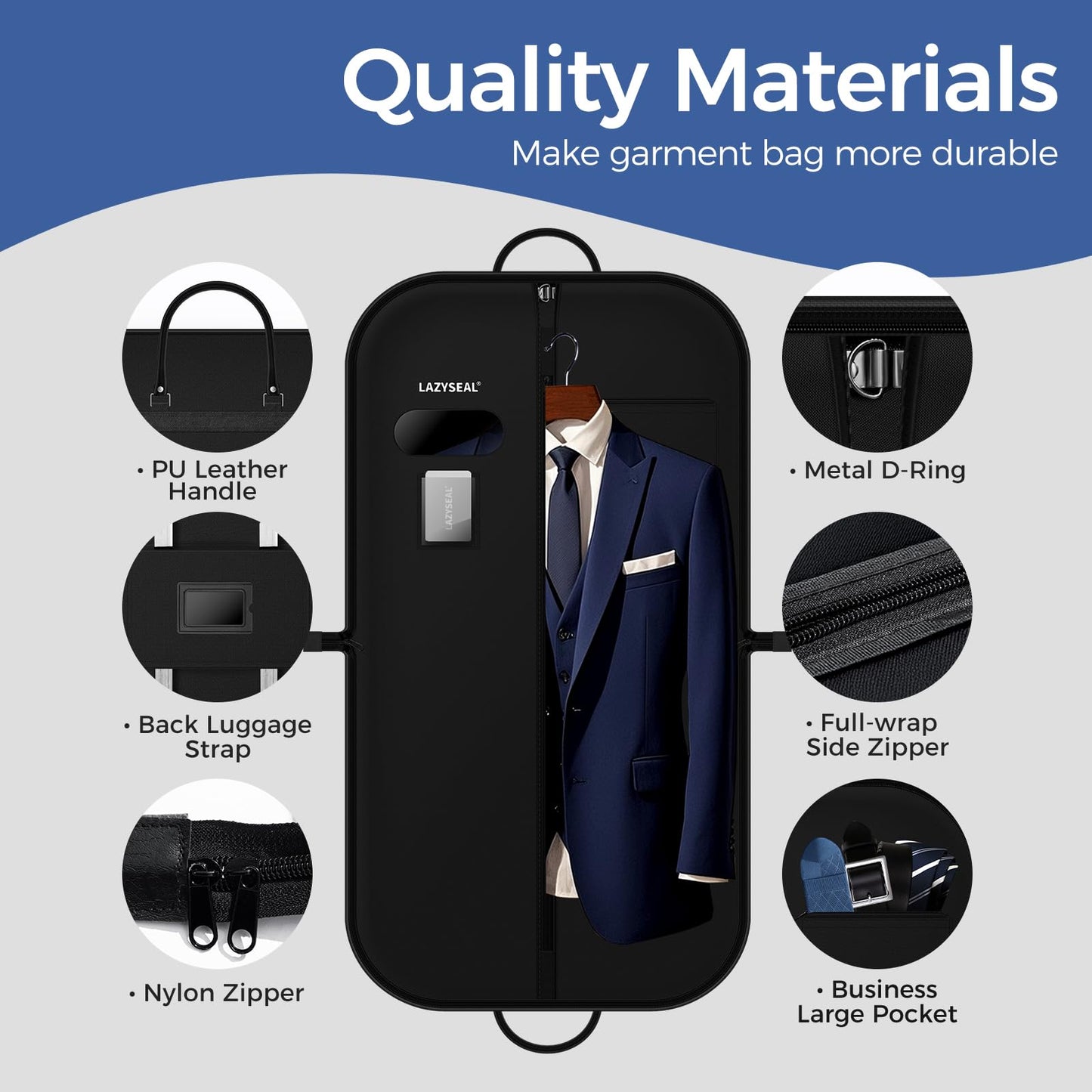 LAZYSEAL Garment Bag for Closet Storage and Travel 43-Inch Waterproof Dustproof Suit Luggage Bag Unisex Clothes Bag Durable 600D Oxford Fabric 2-in-1 Hanging Suit case Coat Bag for Man, Woman