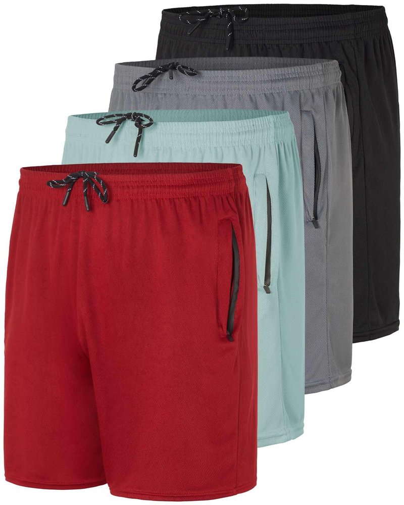 Real Essentials 4 Pack: Men's Mesh 5" Athletic Zipper Shorts Workout Gym Running Basketball (5 Inch Set 9, Black, Red, Charcoal, Blue - L - Standard)