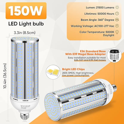 2 Pack 150W Corn LED Light Bulb Fanless,5000K Daylight(1500 Watt Equivalent) E26/E39 Large Mogul Base LED Cob Lamp 21,500LM for Outdoor Indoor Garage Warehouse Factory Workshop Street Backyard