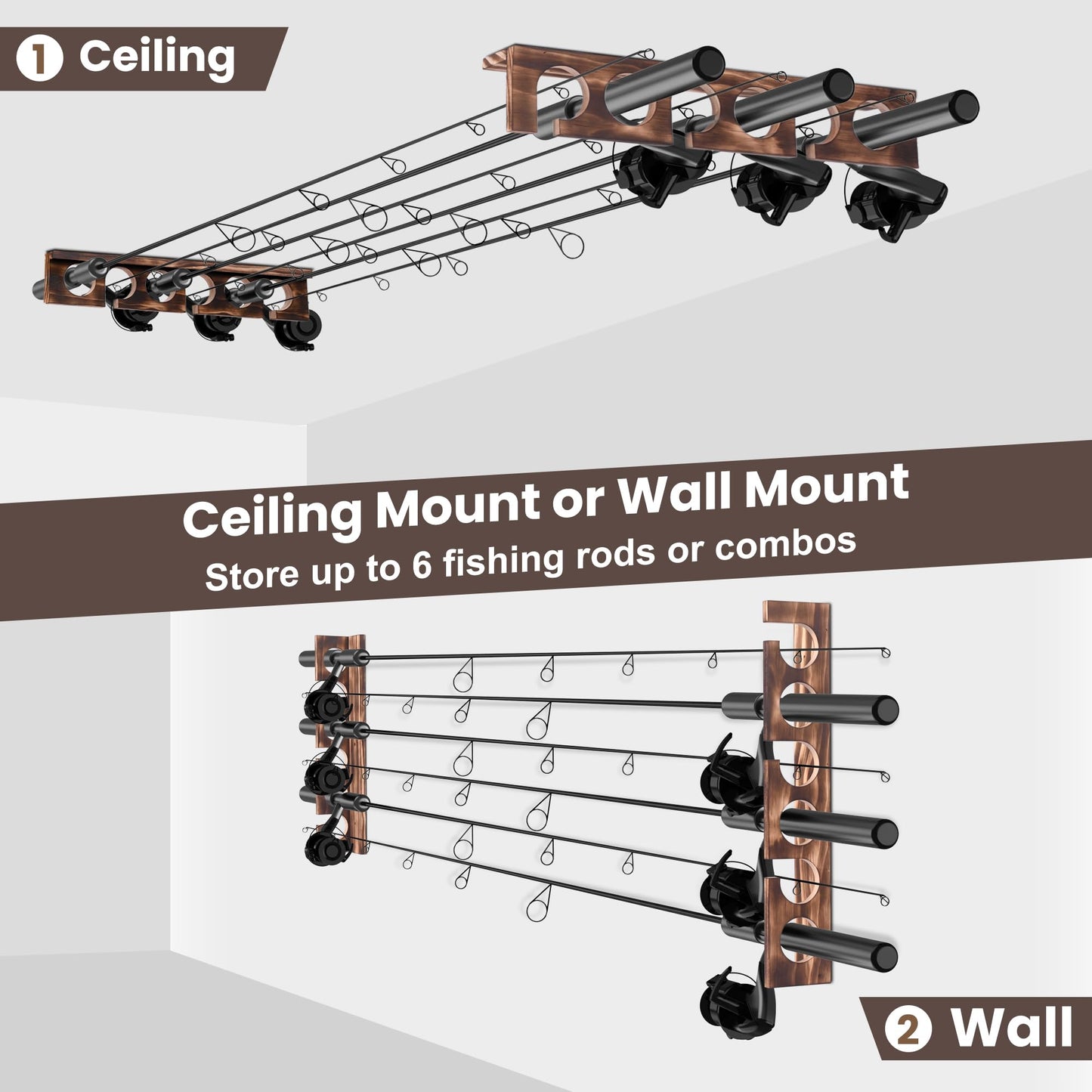 Wooden fishing rod holder Wall or Ceiling Mount – Holds Up to 6 Rods or Combos, Fishing Pole Holder for Garage, Boat, Cabin & Tackle Storage Organization