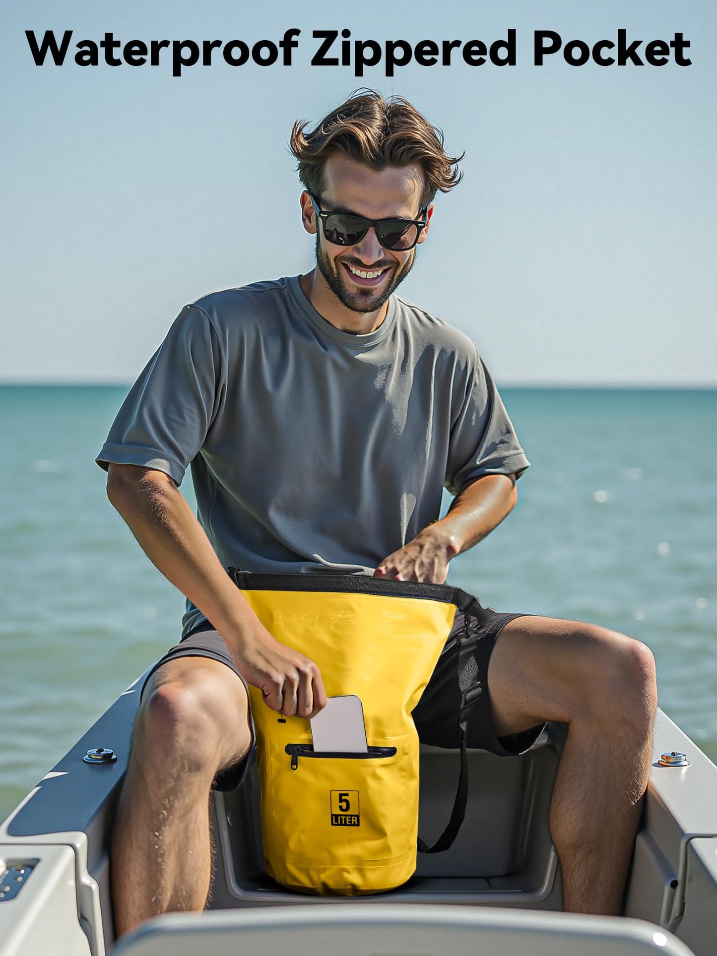 HEETA Waterproof Dry Bag with Front Zippered Pocket for Women Men, Roll Top Lightweight Dry Storage Bag Backpack for Travel, Kayaking, Boating, Rafting, Camping, Hiking & Beach (Yellow, 5L)