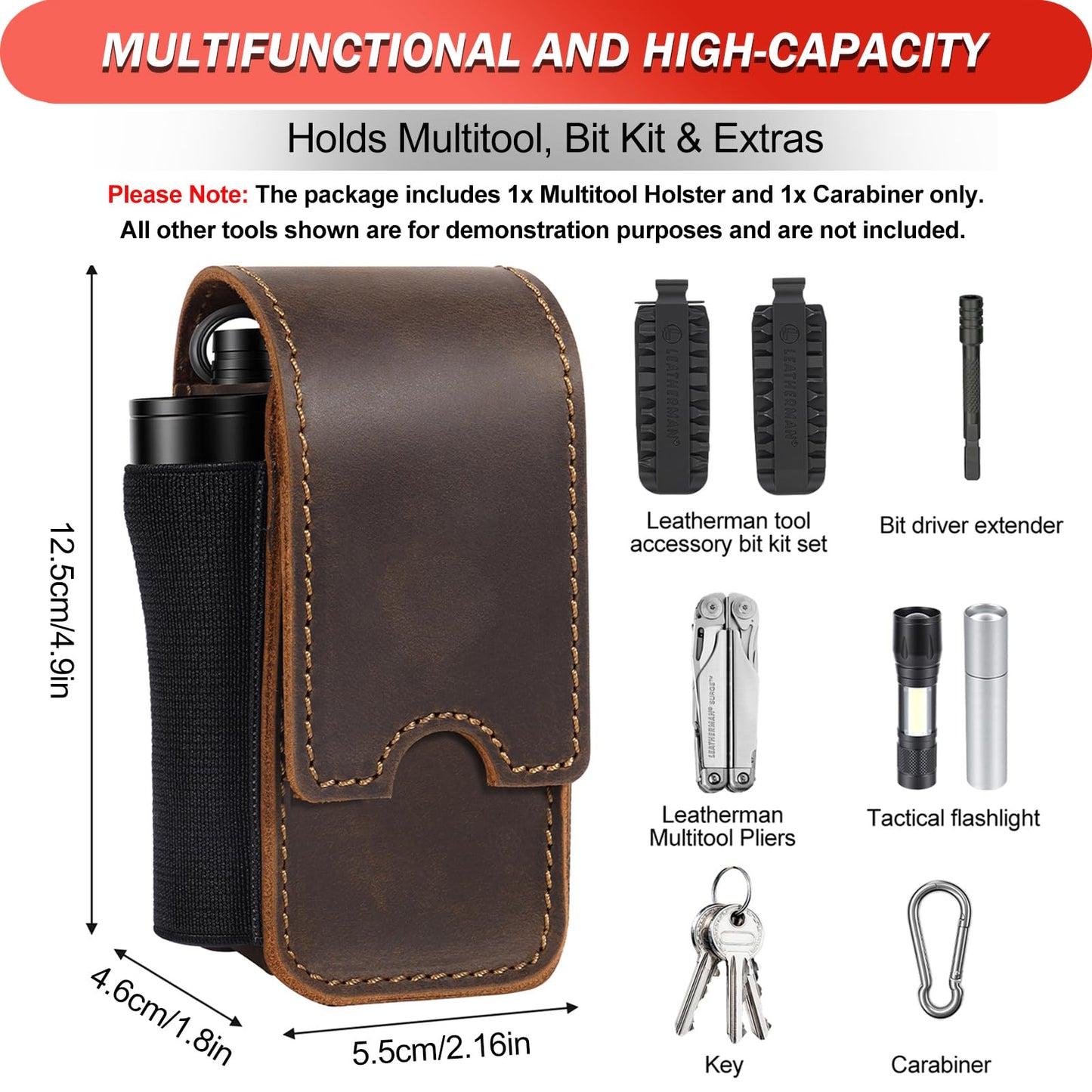Vinanker Genuine Leather Multitool Pouch for Leatherman, EDC Belt Organizer Holster with Dual-Compartment Multitool Sheath for Men (Darkbrown)