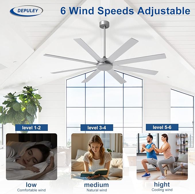 Depuley Large Ceiling Fan without Light: 66 Inch Indoor/Outdoor Fan Reversible DC Motor 6 Speed - Dual 8 Blades Big Ceiling Fans with No Light for Living Room Covered Patio, Silver
