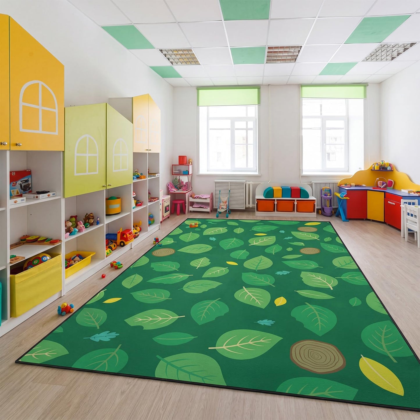 BreezeHug Green Leaf Rug 8 x 6 ft Large Classroom Carpet Green Leaves Carpet Boho Educational Area Rug for Room Nursery Seating Decor for Teaching and Playroom