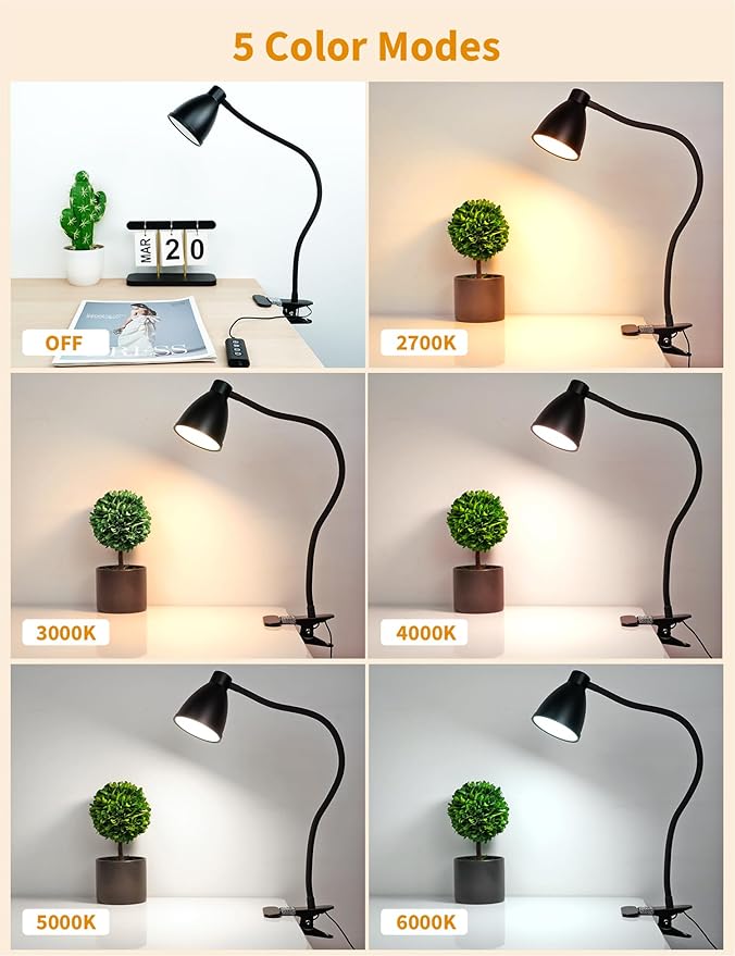 BOHON Desk Lamp 5 Color Modes 10 Brightness Dimmer Reading Light 10W 38 LED Clamp Lamp with Auto Off Timer 360° Flexible Gooseneck Clip on Light for Bed Bedside, AC Adapter Include