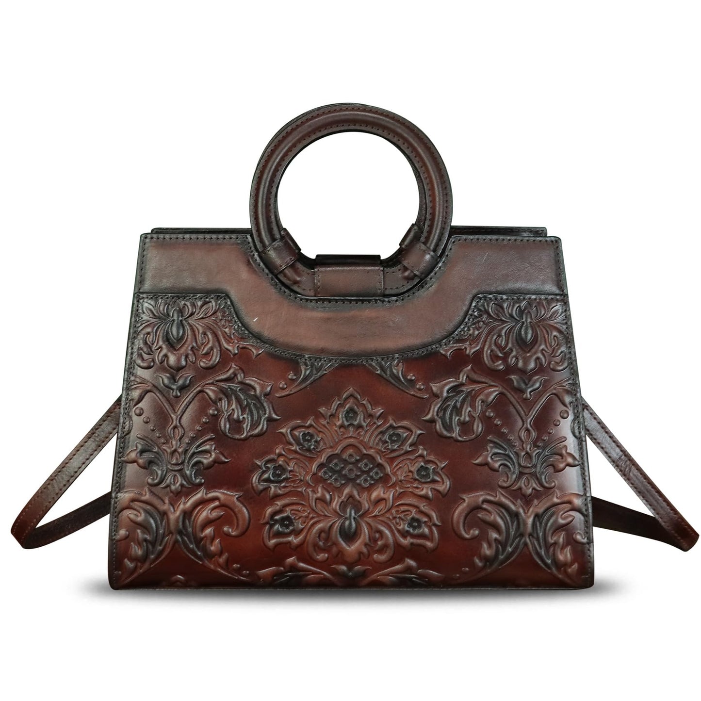 Genuine Leather Purses and Handbags for Women Vintage Embossed Leather Crossbody Shoulder Bag Satchel Top Handle Bags (Coffee)