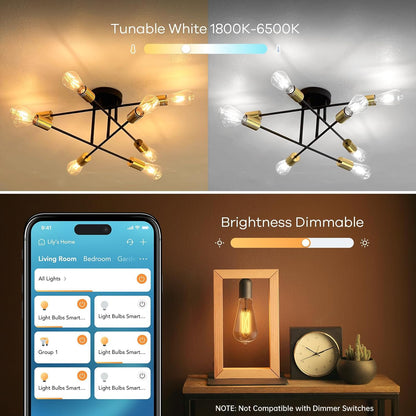 Linkind E26 Smart Edison Bulbs, 2700K-6500K Tunable WiFi Edison Bulbs with Remote Control, 8W 60W Equivalent Dimmable ST19 (ST58) Vintage Light Bulbs 800lm, Compatible with Alexa & Google Home, 4-Pack
