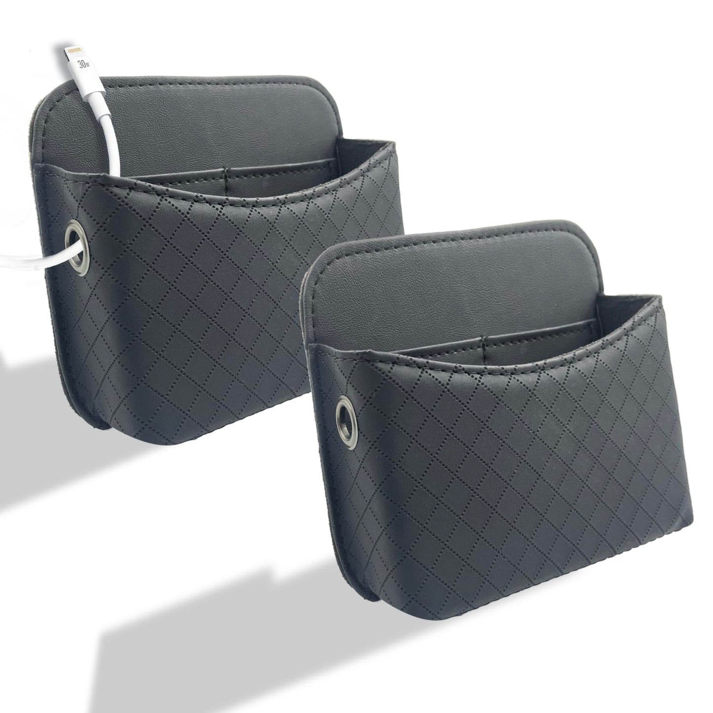SportySizz Self-Adhesive Car Seat Side Pocket Organizer with Cable Port - Black PU Leather Storage Pouch for Phone & Keys, Fits Gaps, Console & Door (2 PCS)