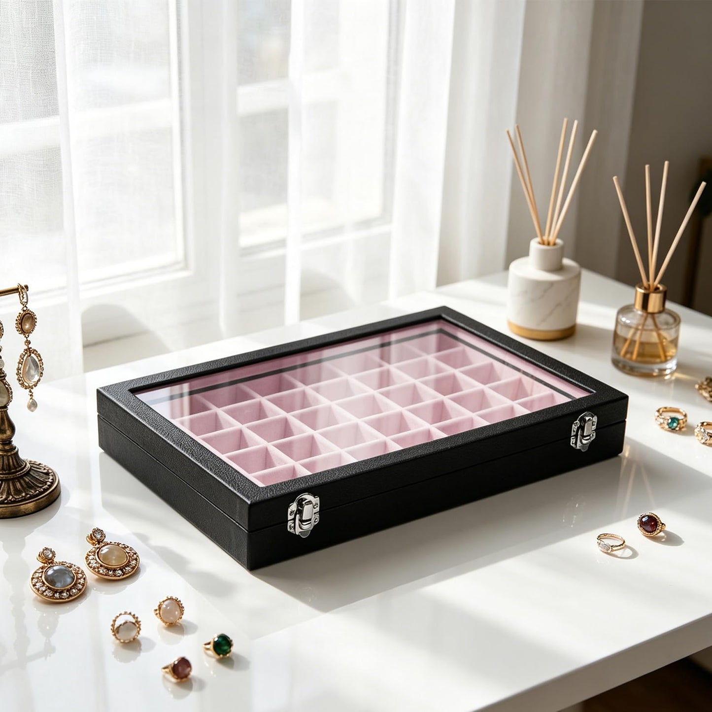 Stratalife Jewelry Organizer 48 Grid Jewelry Tray with Clear Lid Dust-proof Velvet Earring Organizer Necklace Rings Holder Display Drawer Storage Case for Women Pink Black