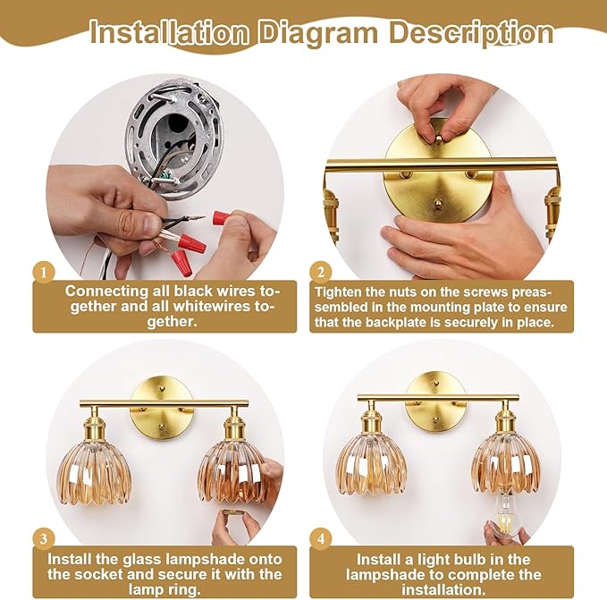 Vintage Bathroom Light Fixtures,2-Light Hardwired Vanity Lights Over Mirror,Gold Wall Sconces with Amber Tulip Glass Shade for Bathroom Living Room,E26 Socket(Bulbs Not Included)