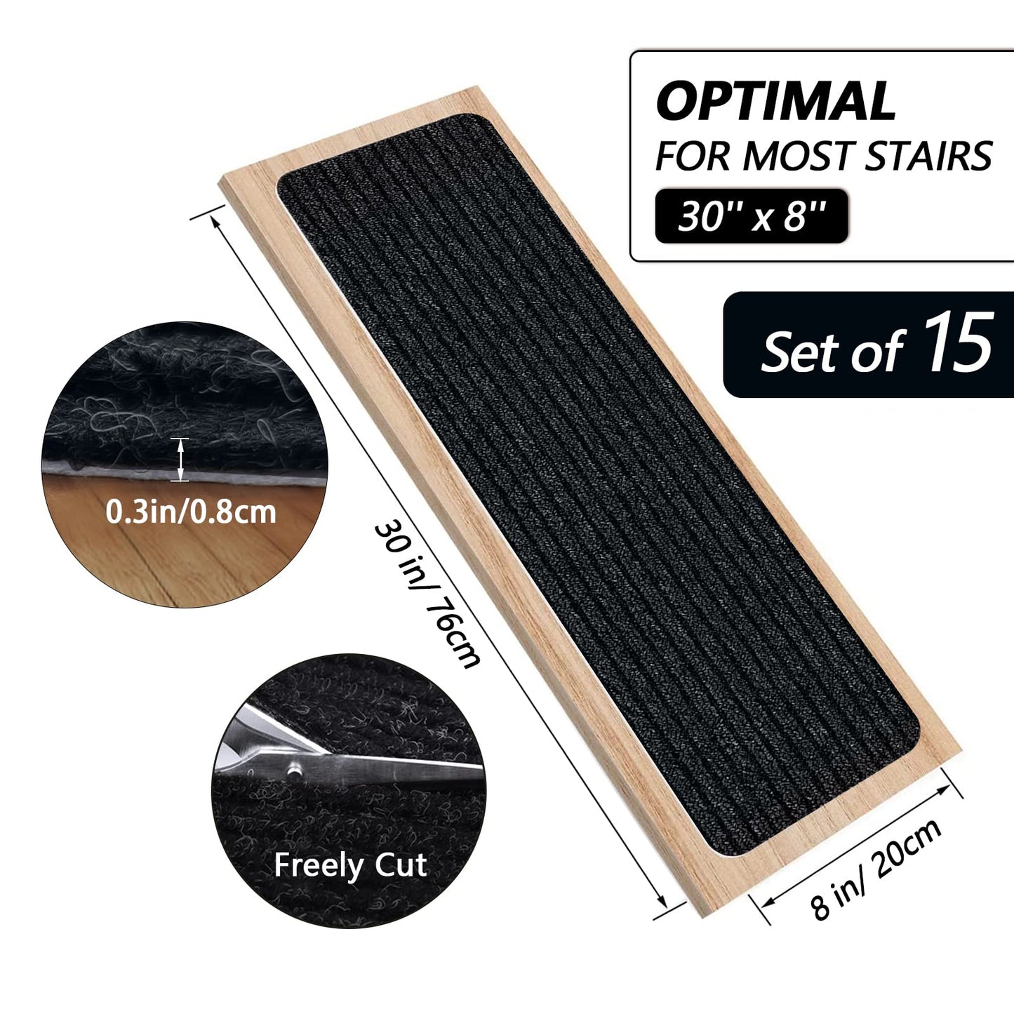 Lacut Non-Slip Stair Treads, 7.8" X 30" (15-Pack) Stair Runner Indoor Outdoor Mat, Black Slip Resistant Stair Tread Mats Step Covers Pads for Elders, Kids and Pets (30" x 7.8", Black)