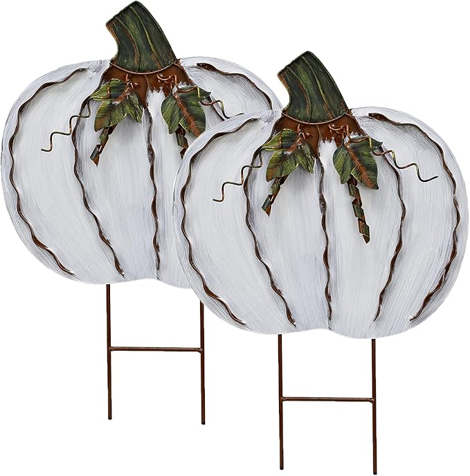 Metal Pumpkin Stakes Yard Signs Fall Decor Decorative Garden Stake Lawn Pumpkins Ornaments Outdoor Autumn Decoration for Harvest Halloween Thanksgiving (17.5" H White x2)