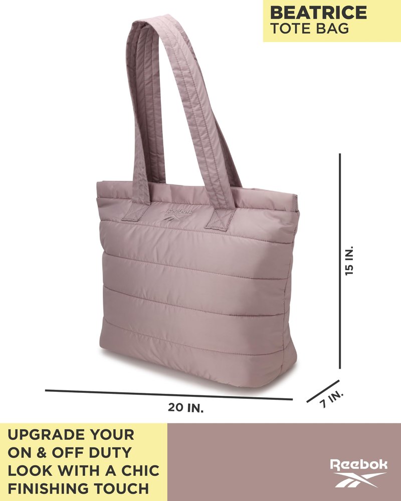 Reebok Womens Tote Bag - Lightweight Carry On Puffer Quilted Tote Bag for Travel Work Travel and Daily Essentials, Size One Size, Beatrice Latte
