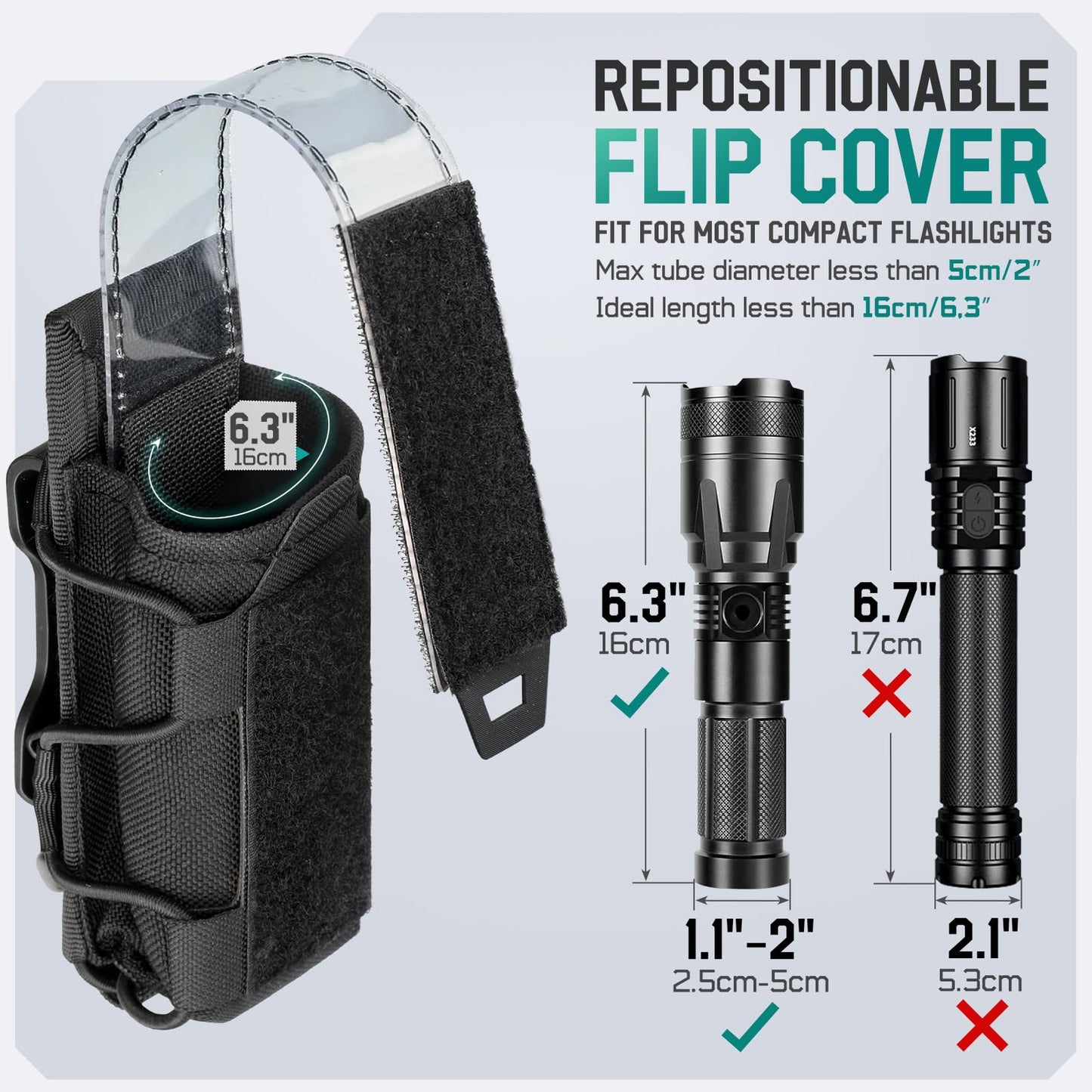 LIVANS Flashlight Holster for Duty Belt,Tactical Flashlight Holder Pouch,Nylon Torch Carry Case Sheath for Police Vest Security Correction Officer Outdoor Camping Accessories,with PVC Transparent Flap