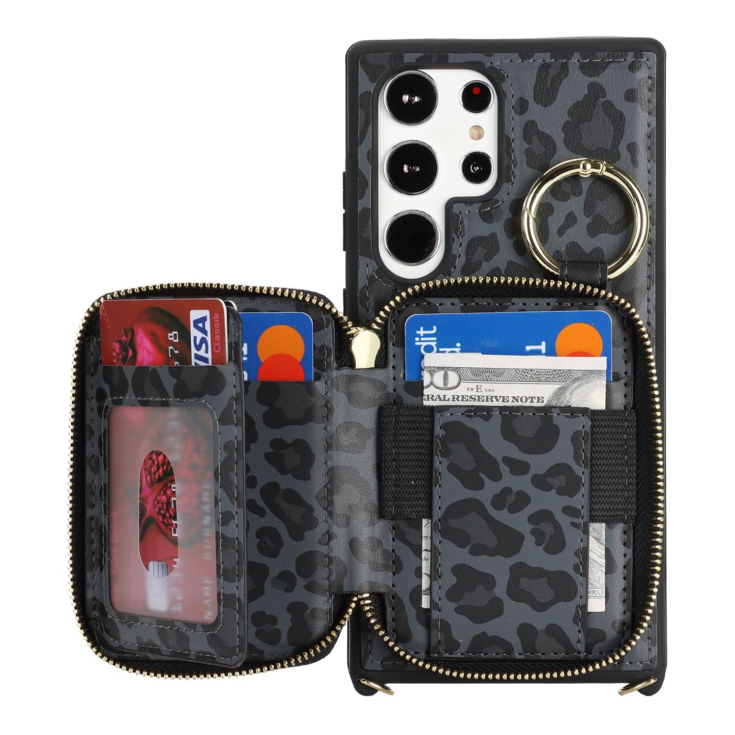 Hamany Crossbody Wallet Case for Galaxy S24 Ultra, PU Leather Zipper Handbag Purse Flip Cover, Kickstand Folio Case with Card Slots Holder Wrist Strap Lanyard -Black Leopard