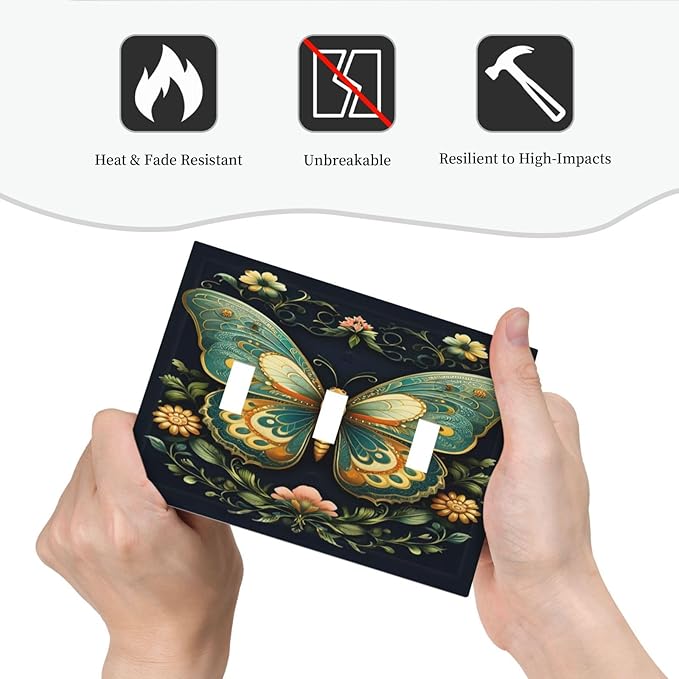 Butterfly Ornate with Flower Light Switch Covers 3 Gang Triple Toggle Wall Plate Decorative Switchplate Electrical Faceplate for Farmhouse Living Decor