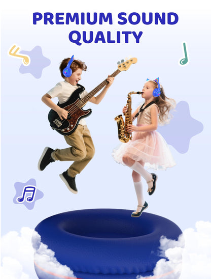 MIDOLA Kids Headphones Cat Ear Wireless Bluetooth 5.3 60H Over Ear, 8H with Led Light Foldable Headset with Aux 3.5mm Mic for Travel Pad Tablet Blue