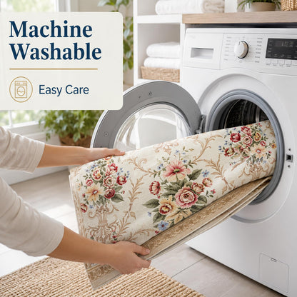 Helthep Washable Vintage Floral Area Rug 8x10, Ultra Soft Faux Wool Low Pile Rug, Non-Slip Backing,Soft Farmhouse Boho Cream Rug for Bedroom Dining Room Home Office, Pet & Kid Friendly