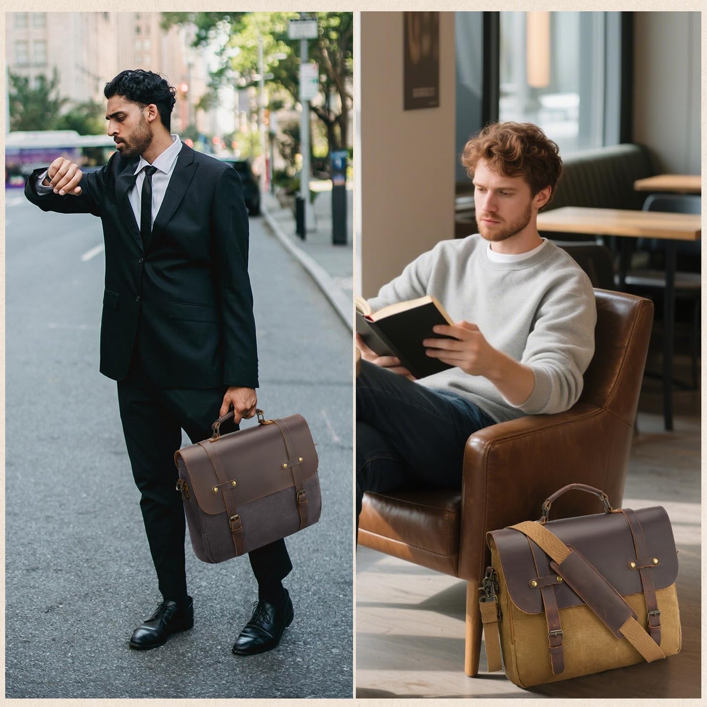 Men's Messenger Bag Waxed Canvas Briefcase 16 Inch Vintage Genuine Leather Computer Laptop Bags Waterproof Satchel Shoulder Bag for Work/Business/Office