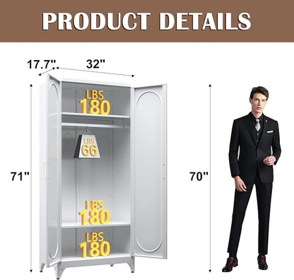 SteeLoong 71" Metal Armoire Wardrobe Closet with Doors，Tall Clothing Storage Cabinet with Adjustable Shelves and Hanging Rod,White Wardrobe Closet for Bedroom,Home,Office,Gym
