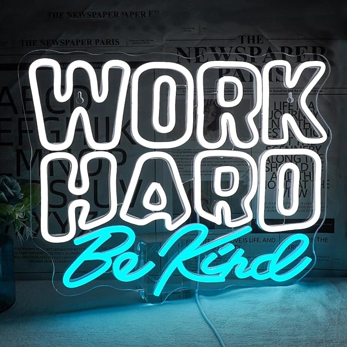 Work Hard Be Kind Neon Sign, Dimmable Neon Signs for Wall Decor, White Blue Neon Light Work Hard USB Led Sign for Office Study Room Classroom Bedroom Meeting Room Decoration