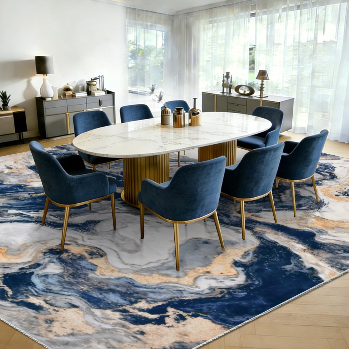 Yinhua Marble Area Rug 6x9, Modern Washable Rug Non Slip, Soft Faux Wool Abstract Rugs Non Shedding, Low Pile Living Room Rugs Pet Friendly, Blue and Gold Carpet for Bedroom Nursery Office