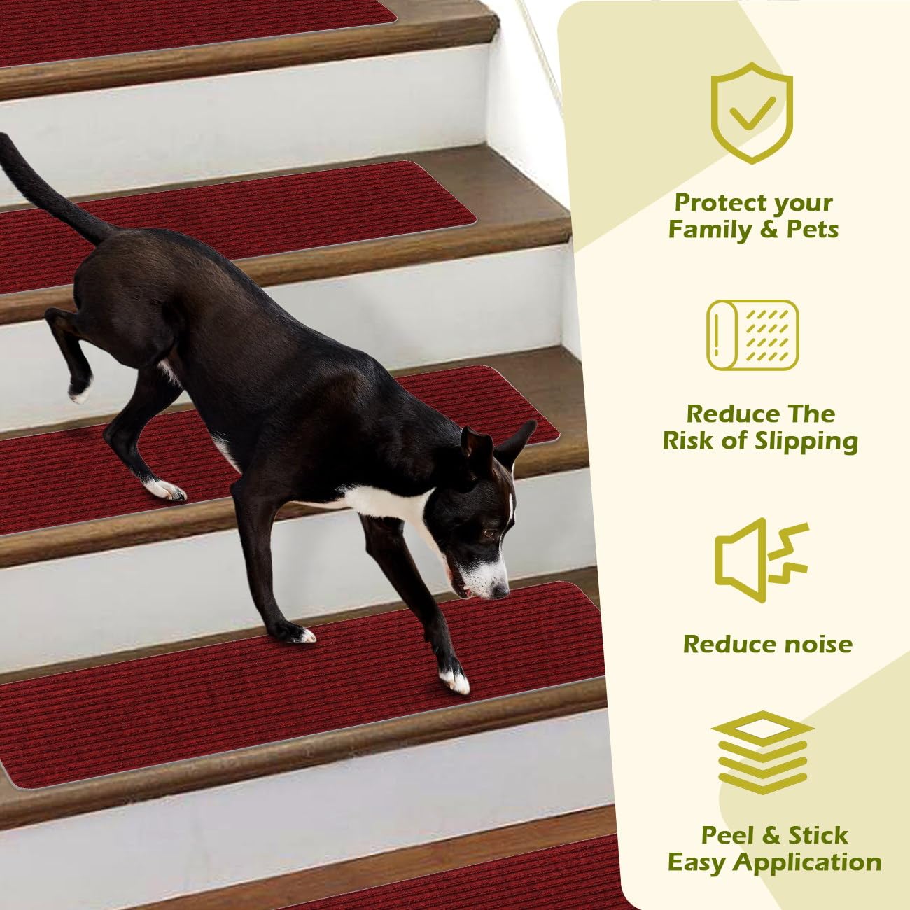 Antdle Carpet Stair Treads for Wooden Steps Non-Slip Indoor 16pcs 8x30inch Safety Rug Slip Resistant Indoor Runner for Kids Elders and Pets with Reusable Adhesive,Dark Red