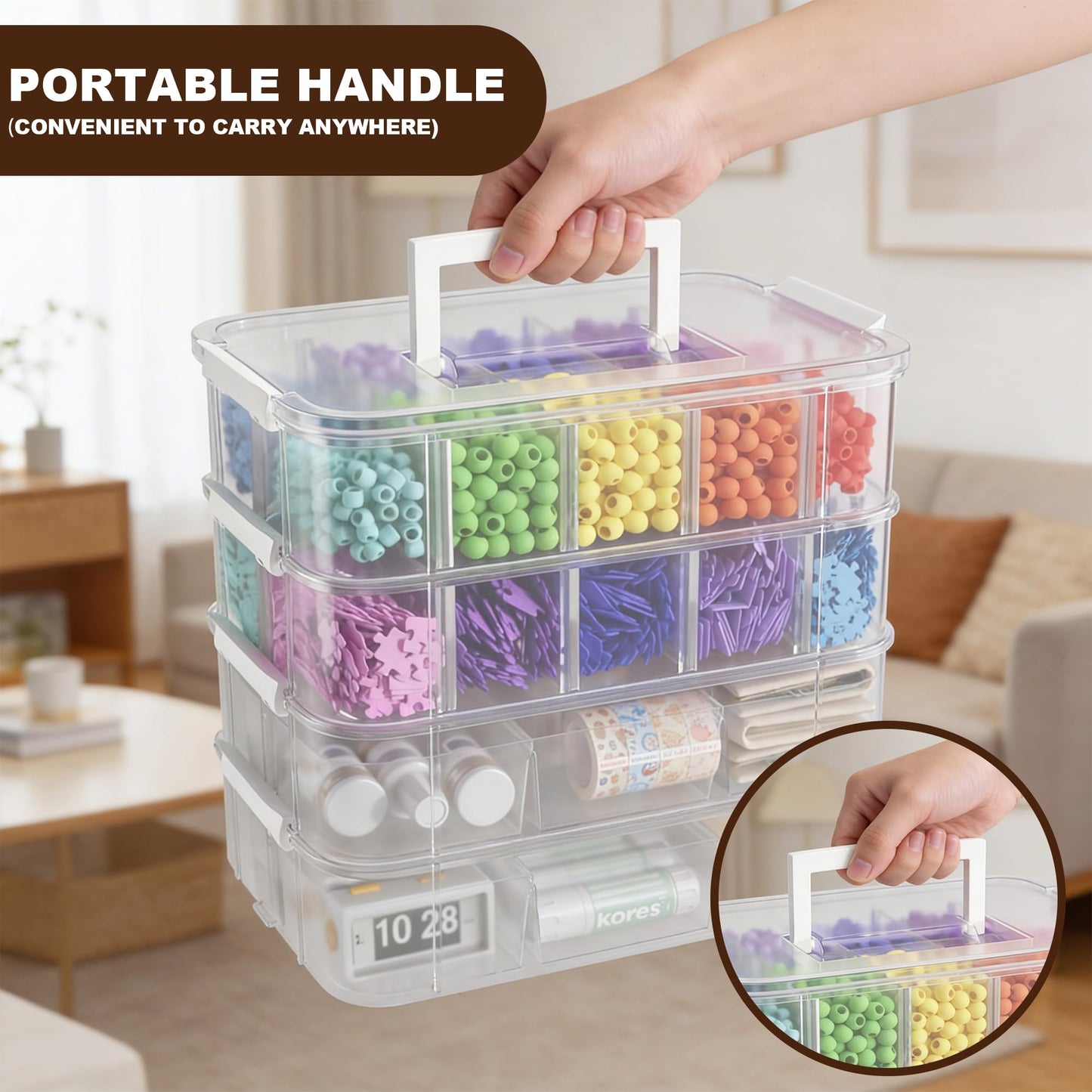 4-Tier Plastic Craft Storage and Organizers with 2 Removable Trays and 20 Adjustable Compartments, Art Supply Storage Organizer for Sewing,Puzzles,Washi Tape,Nail Polish