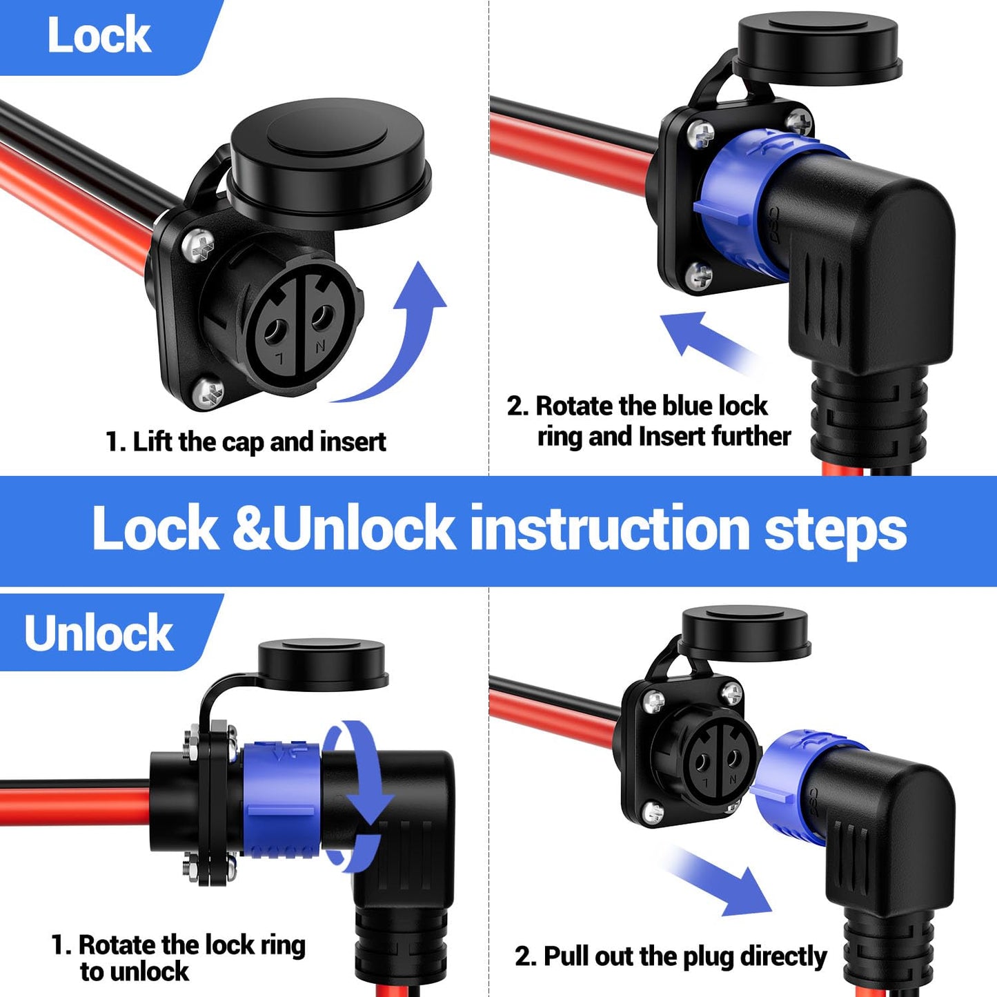 Trolling Motor Plug,12V/24V/36V/48V 2-Wire 8 Gauge 50A Receptacle for Minn Kota Marine Boat, Male & Female Waterproof Quick Connect (Elbow)