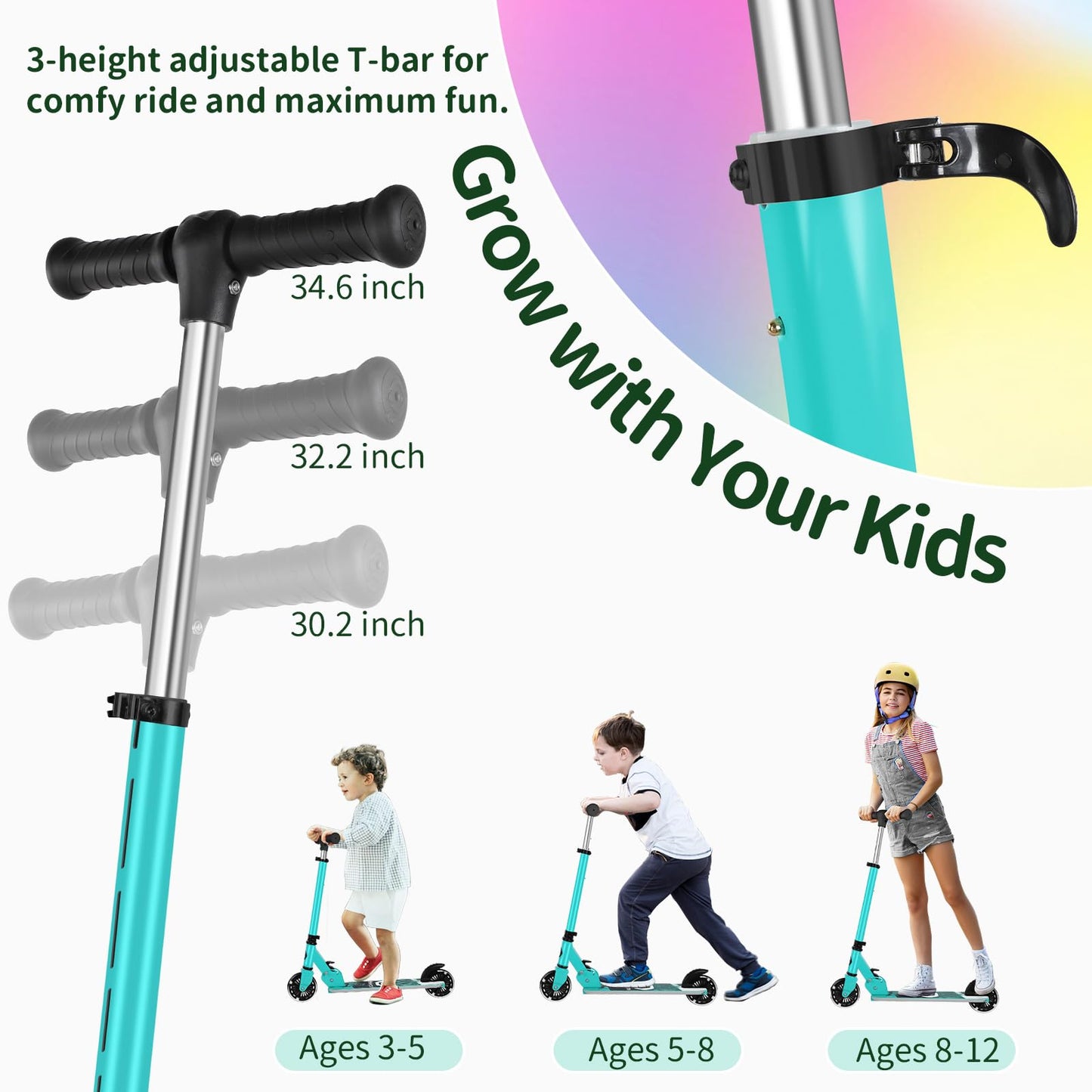 BELEEV Scooters for Kids Ages 3-12 with Light-Up Wheels & Stem & Deck, 2 Wheel Folding Scooter for Girls Boys, 3 Adjustable Height, Non-Slip Pattern Deck, Lightweight Kick Scooter for Children (Aqua)