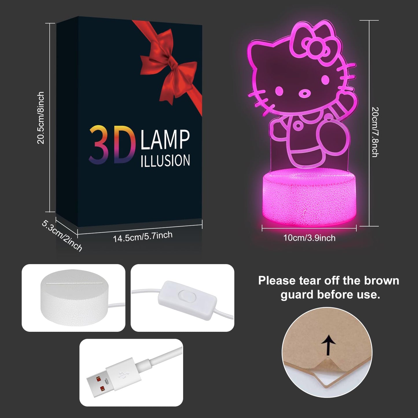 sunduck Pink Kawaii Kitty 3D Night Light with Corded Control- Dreamy Girls Room Decor, Perfect Birthday/Christmas Gift for Kids, Unique Holiday Present