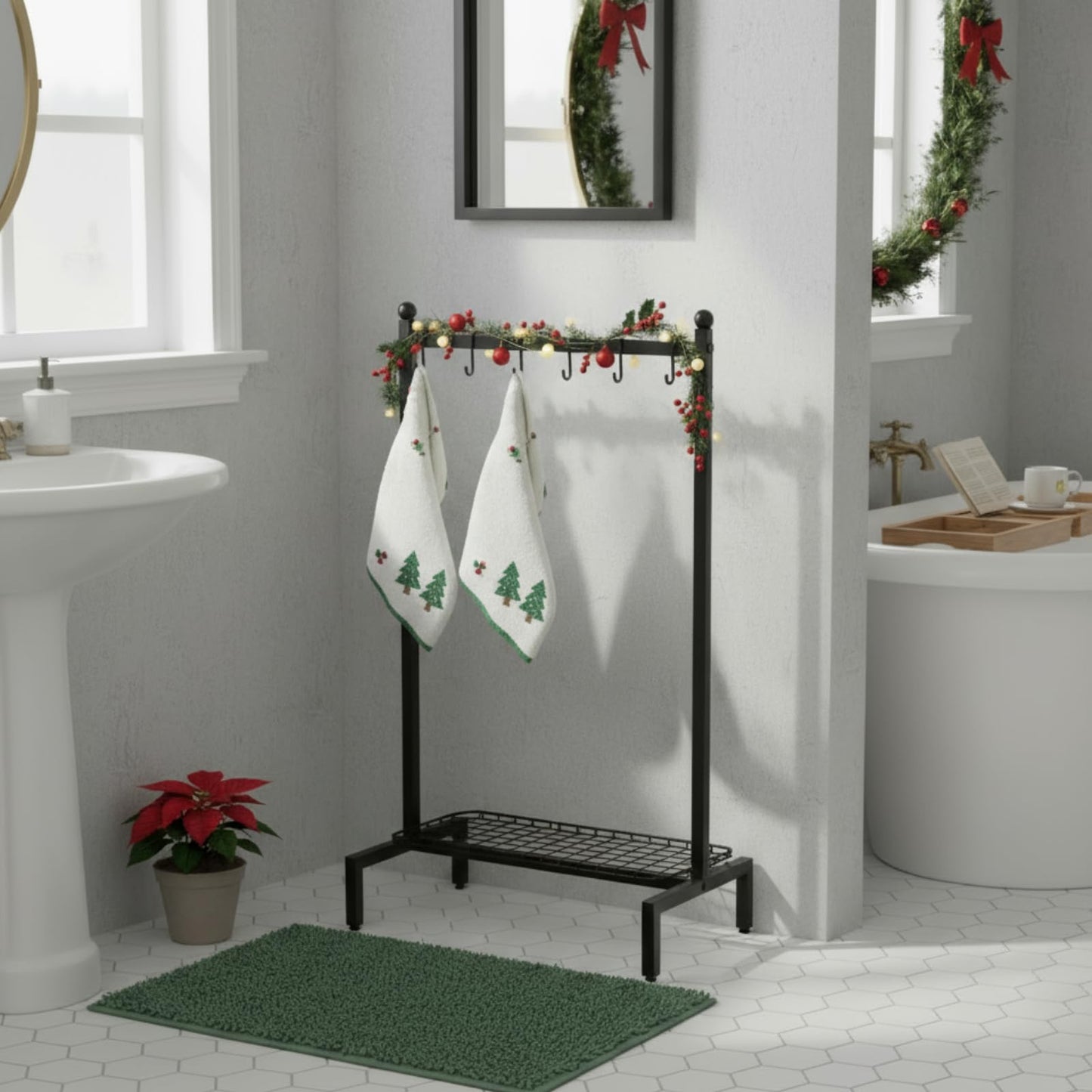 Zonon Christmas Stocking Holder Stand for Floor Free Standing Stocking Hangers with Removable Hooks and Wheels Heavy Duty Metal Rack with Stable Base for Home Mantel Bathroom Towel Blanket Display